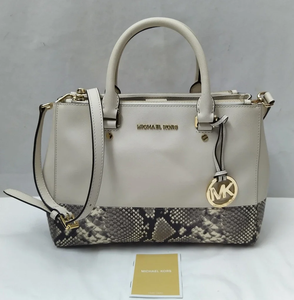 Michael Kors White Leather Snakeskin Embossed Detail Carryall Satchel Bag